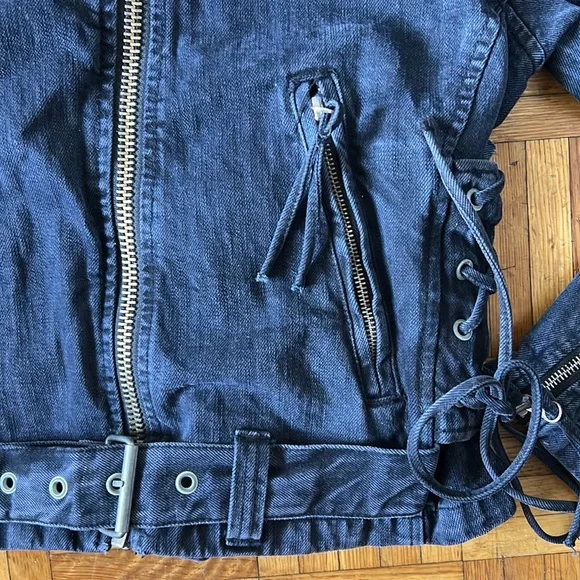 Free People Black Oversized Denim Moto Jacket Corset Lace Up - Picture 6 of 8